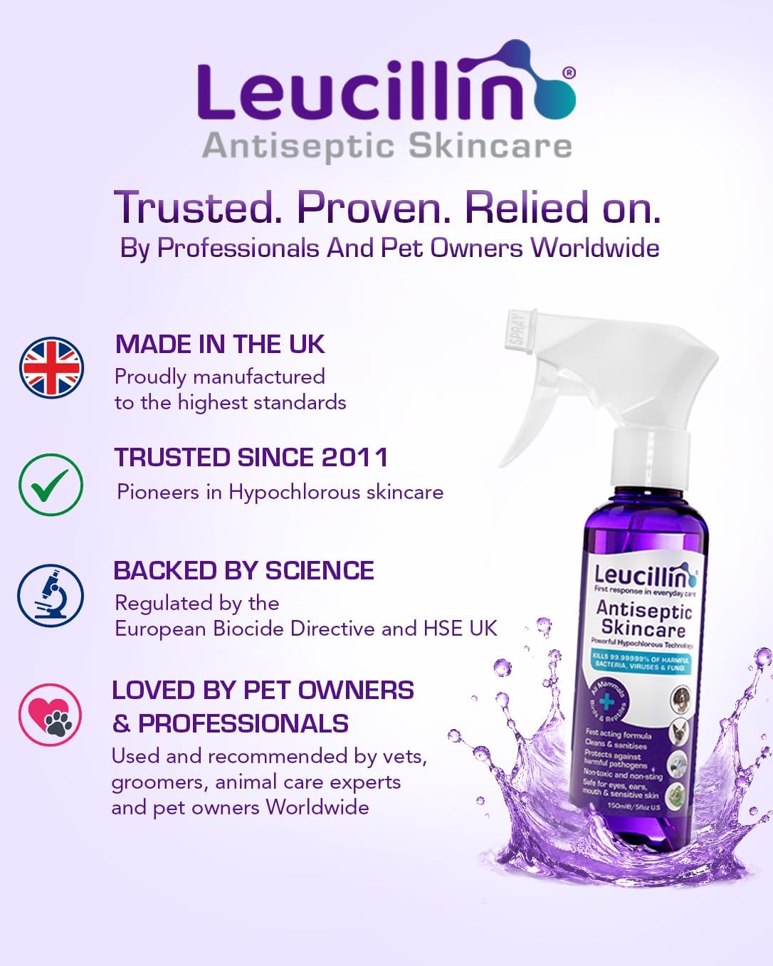 Leucillin Natural Antiseptic Spray 150ml - Antibacterial Antifungal Antiviral for Dogs Cats All Animals Itchy Skin Minor Wound Care and Skin Health | 150ml
