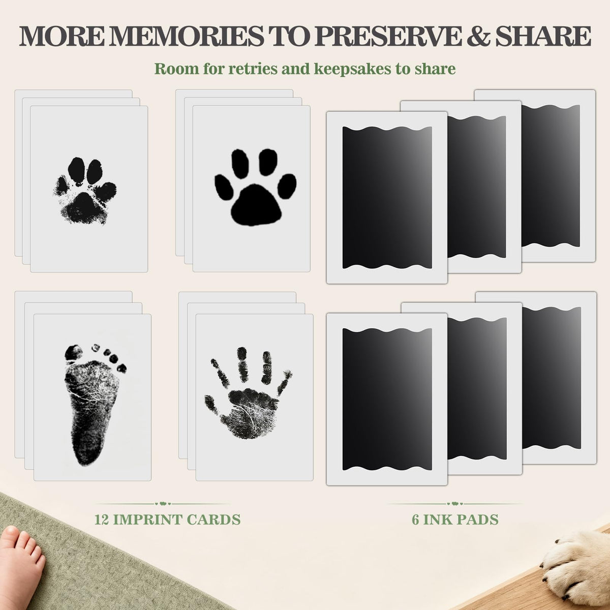 Nabance Baby Hand and Footprint Kit, 3 Inkless Print Pads, 6 Imprint Cards