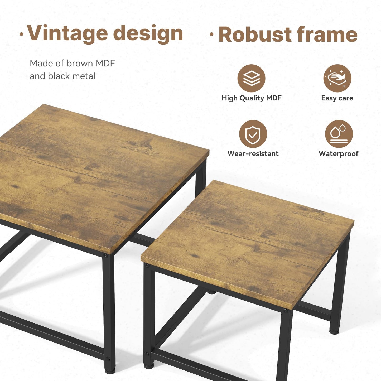 Hawthyhome Coffee Tables, Round Nesting Tables Tet of 2, Modern Side Tables with Metal Frame, Industrial Stacking End Tables for Living Room Bedroom Office, 60 * 60 * 45cm, Brown