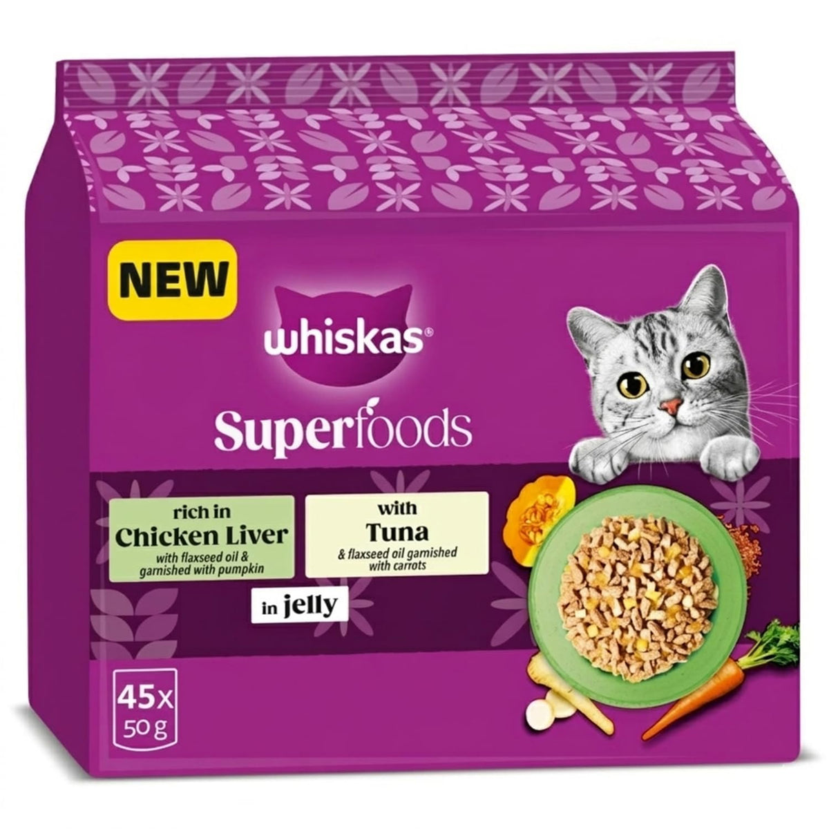 WHISKAS SUPERFOODS Adult Wet Cat Food in Jelly 15x50g Mixed