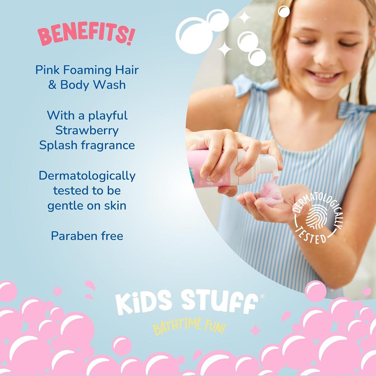 Kids Stuff Pink Wacky Whip Foaming Hair & Body Wash with Strawberry Swirl Fragrance | Dermatologically Tested Kids Hair & Body Wash | Gently Cleanses Hair & Skin | Vegan | Cruelty Free | 200ml