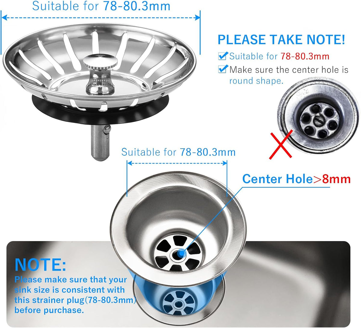 Upgraded Kitchen Sink Plug Strainer Stainless Steel Strainers Sink Plugs Replacement Drain Stopper for Food/Hair Catcher - UK Sinks Hole Diameter (78mm)