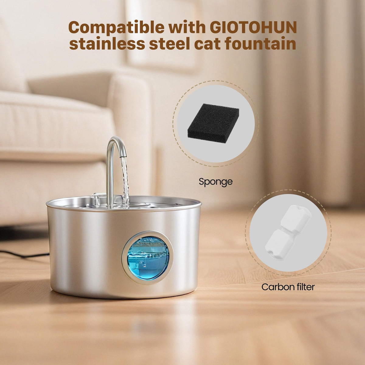 Cat Water Fountain Stainless Steel: Water Fountain Cat Bowl - 3.2L Drinking Fountains for Cats - Pet Water Dispenser - with 6 Carbon Filters + 3 Sponges