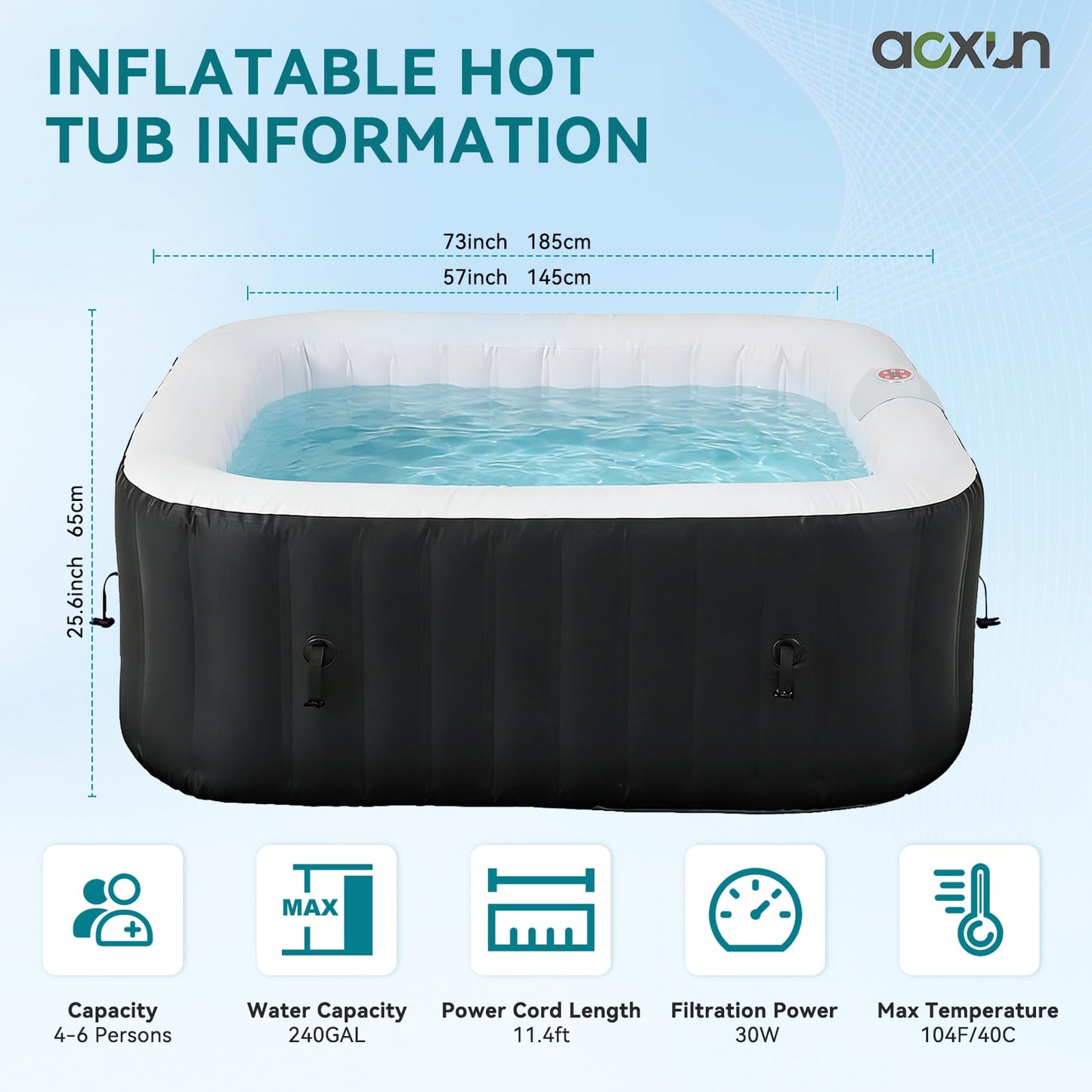 Aoxun Inflatable Hot Tub 208X208CM, 60% More Energy Efficient, Portable Lazy Spa with 1800W Heater & 130 Air Jets Massage System, Fits Small Bathroom & Garden, Includes Insulated Cover & Filter, Black