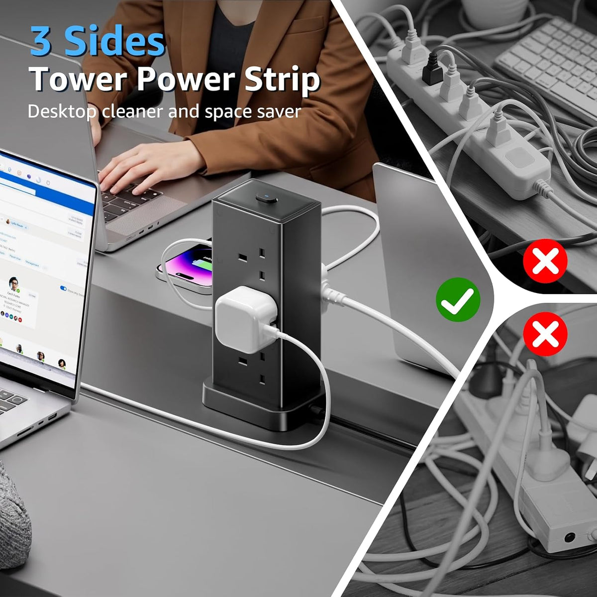 Tower Extension lead with USB Slots,6 Way Plug Extension Socket 3 Metres