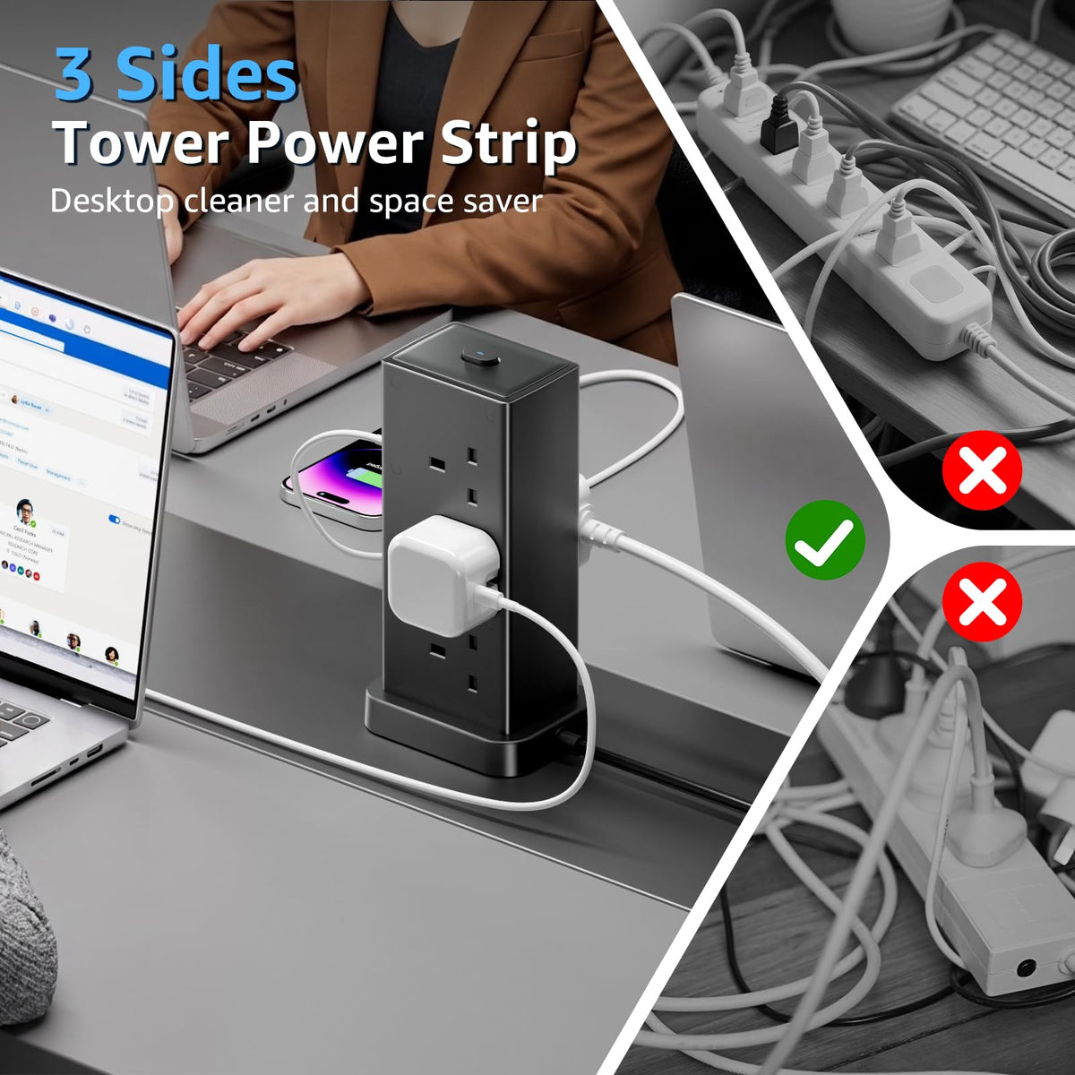 Tower Extension lead with USB Slots,6 Way Plug Extension Socket 3 Metres