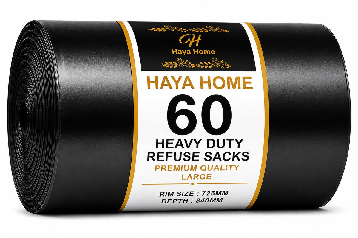Haya Home 50L 50 Bin Bags Heavy Duty Bin Liners, Black Plastic Refuse Sacks large Garbage Waste Dustbin Bags for Kitchen Home Office DIY Garden from 100% Recycled Material
