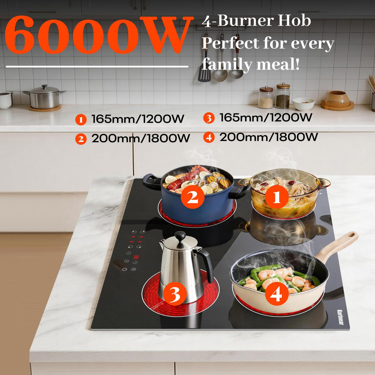 Karinear Electric Ceramic Hob 60cm 4 Zones with Built-in Extractor Hood