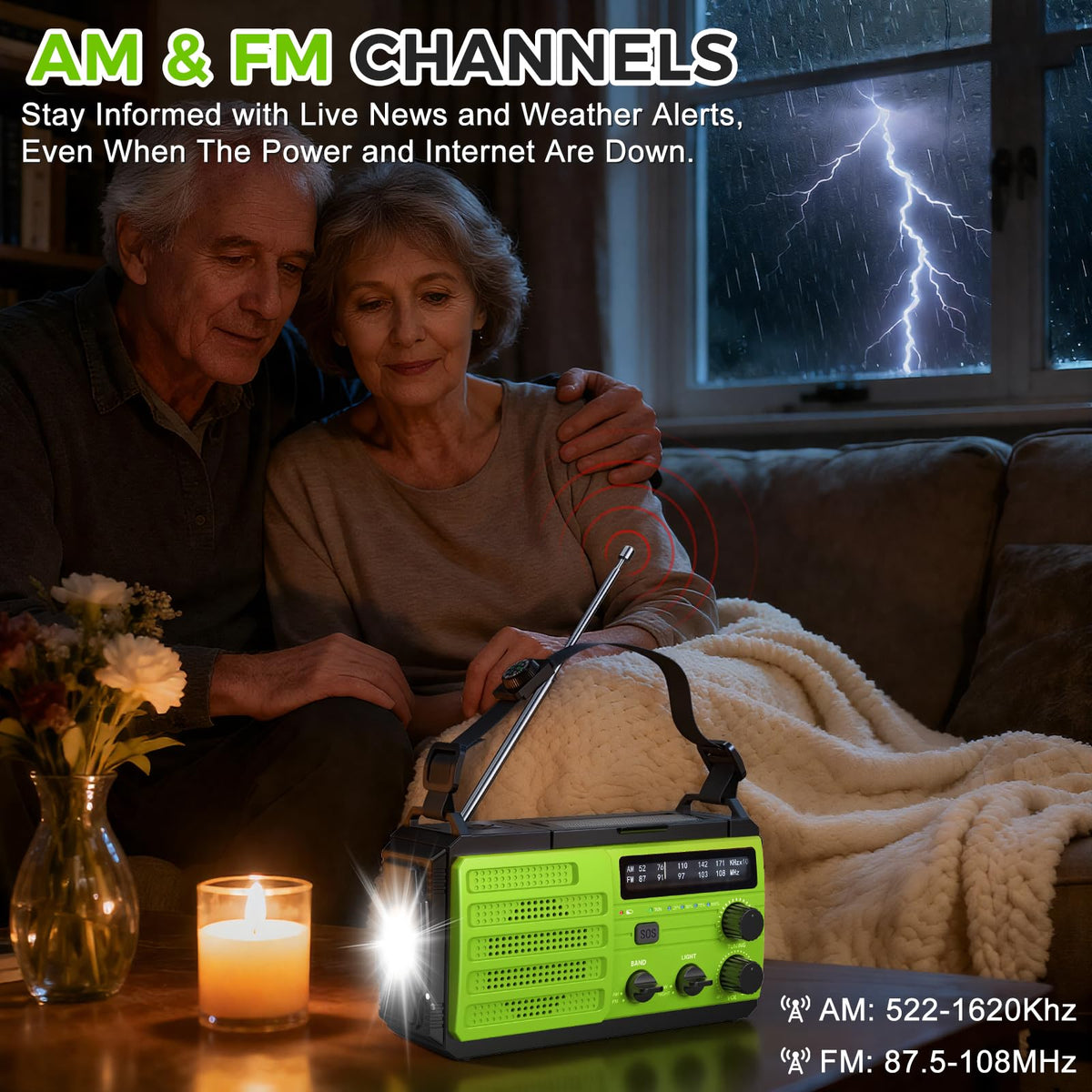 8000mAh Emergency Wind Up Radio, Hand Crank Solar, AM/FM Radio with 3-Mode Flashlight, 2-Mode Reading Lamp, SOS Alarm with USB Phone Charger for Emergency Outdoor
