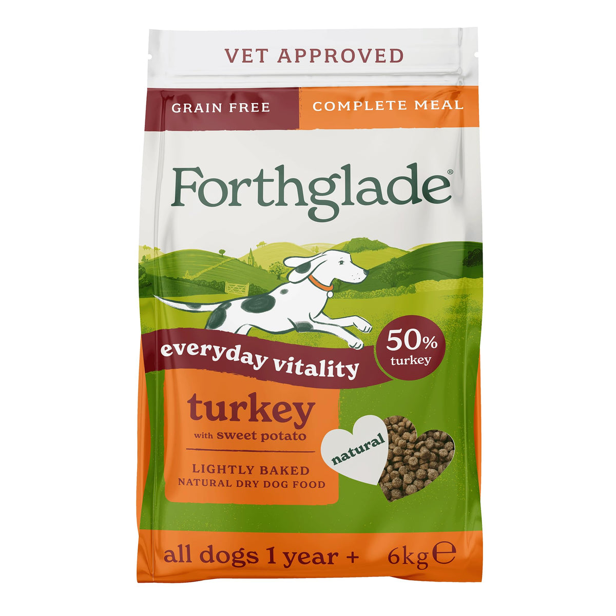 Forthglade Dry Dog Food, Lightly Baked, (2kg), Hypoallergenic and Grain Free Dog Food, Adult 1 Year +, Turkey With Sweet Potato, Completed and Balanced Meal, 50% Single Source Protein