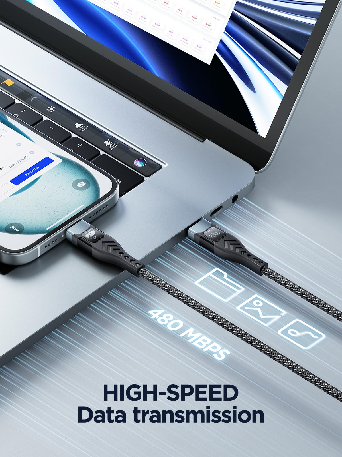 USB-C to C 1M 100W PD3.0 Fast Charging Cable - Compatible with MacBook Pro, iPad Air, iPhone 15, Samsung S23/S22/S21 Ultra, Pixel 7/6, Switch, PS5
