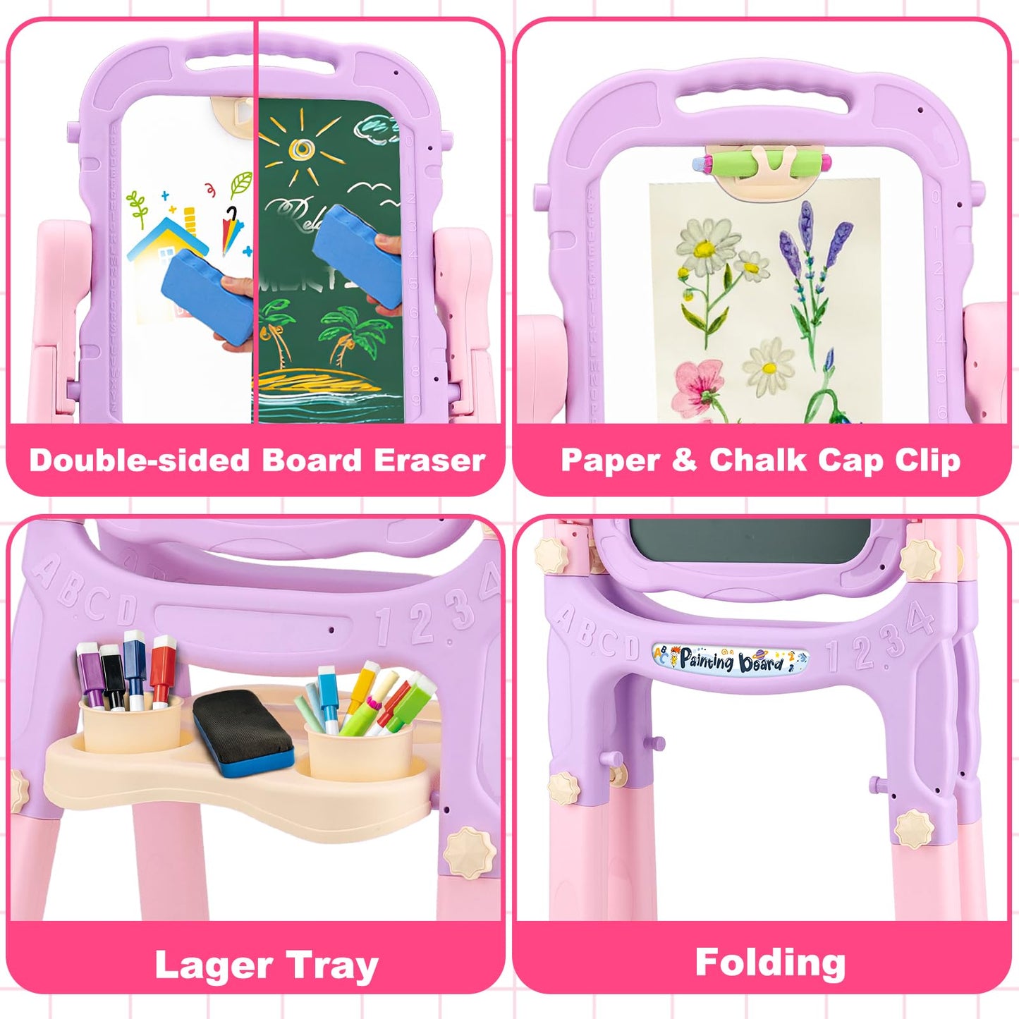 4 in 1 Kids Easel with Magnetic Whiteboard Chalkboard, Toddler Art Easel for Kids with Height Adjustable & 360°Rotatable Drawing Writing Painting Accessories, Gifts for 2 3 4 5 6 7 Year Old Boys Girls