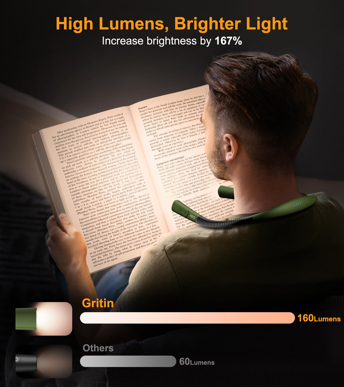 Gritin Book Light, Eye Caring 4-Color&5-Brightness Neck Light Reading Lamp