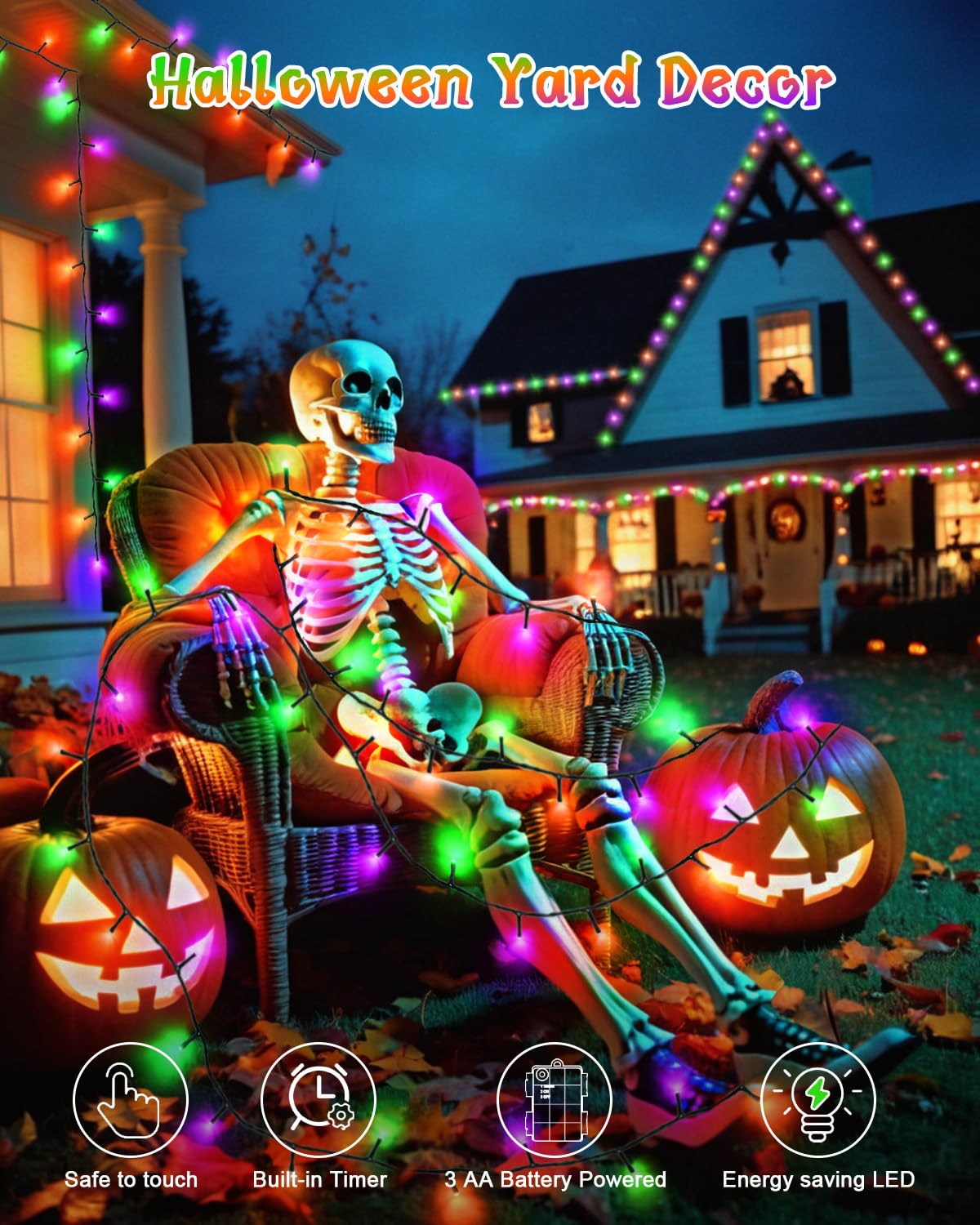 Dalugo Halloween Decoration Lights, 5M 50 LED Orange Purple White Fairy Lights with Timer, IP65 Waterproof Battery Powered Lights for Indoor Outdoor Autumn Halloween Decorations(Green Wire)