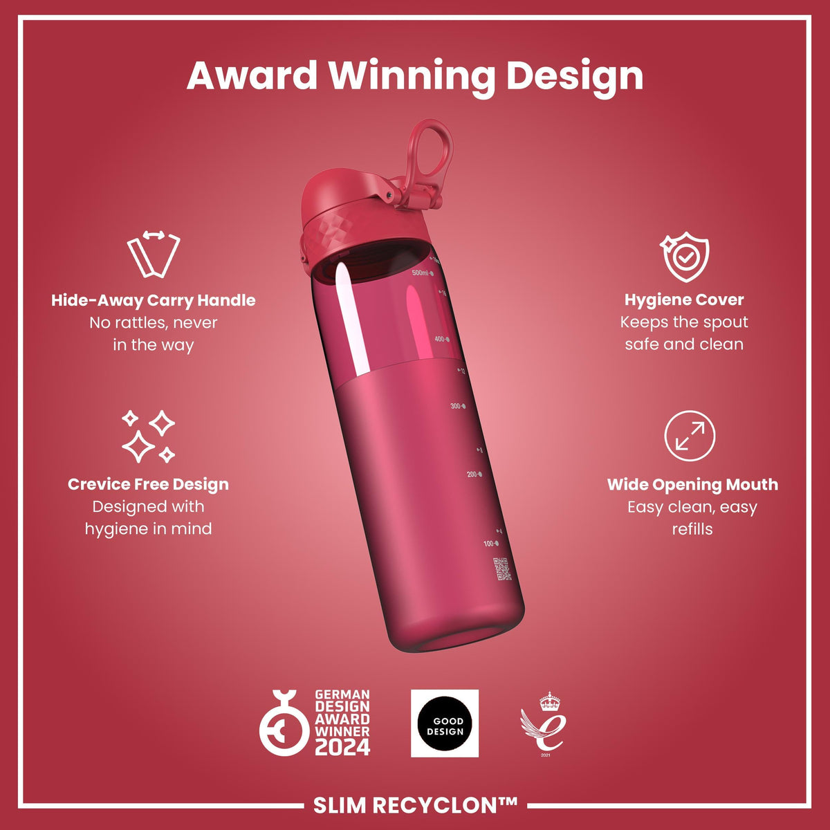 Ion8 Water Bottle, 500 ml/18 oz, Leak Proof, Easy to Open, Secure Lock, Dishwasher Safe, Hygienic Flip Cover, Carry Handle, Fits Cup Holders, Easy Clean, Hot Pink