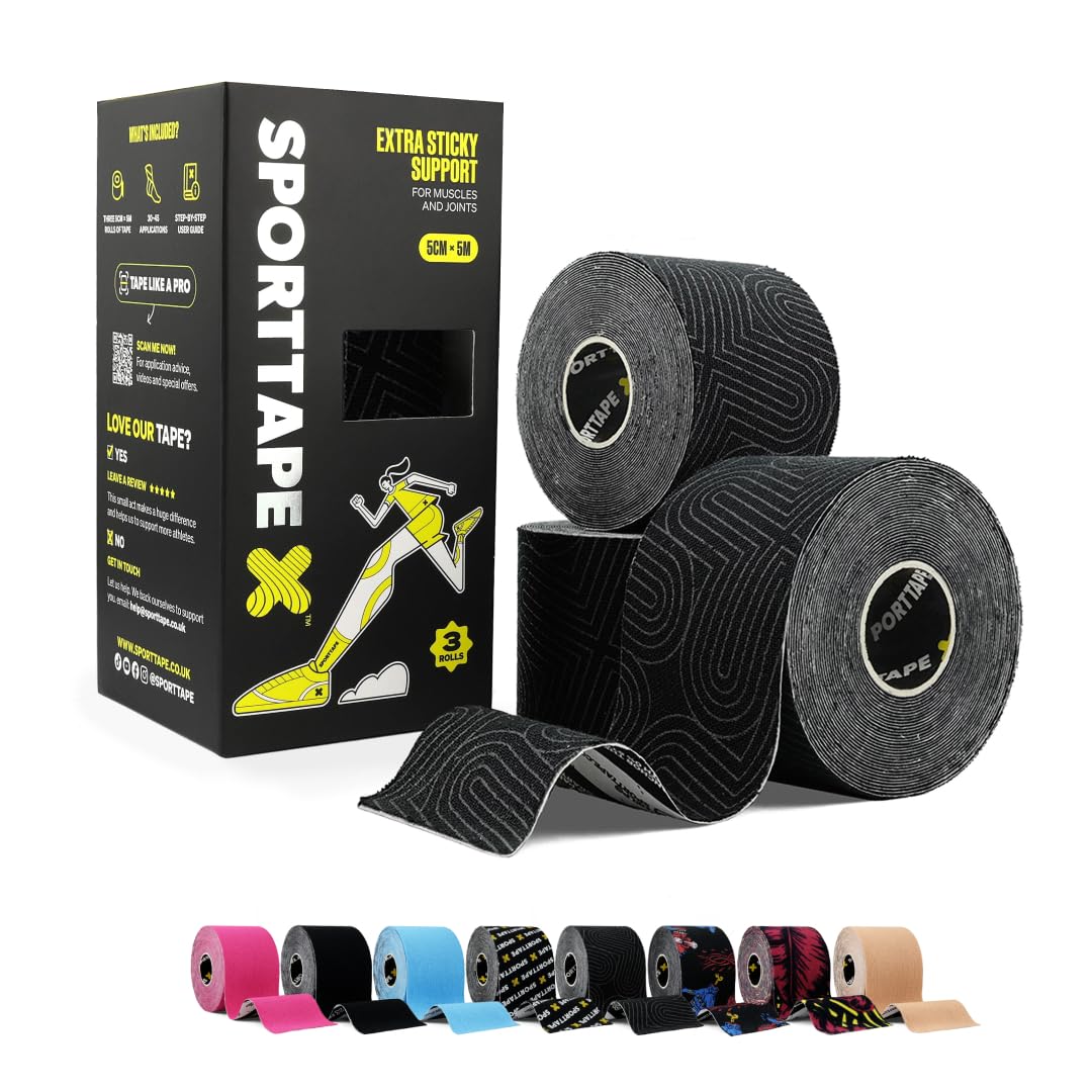 SPORTTAPE Kinesiology Tape, 5cm x 5m, Black - Waterproof, Hypoallergenic