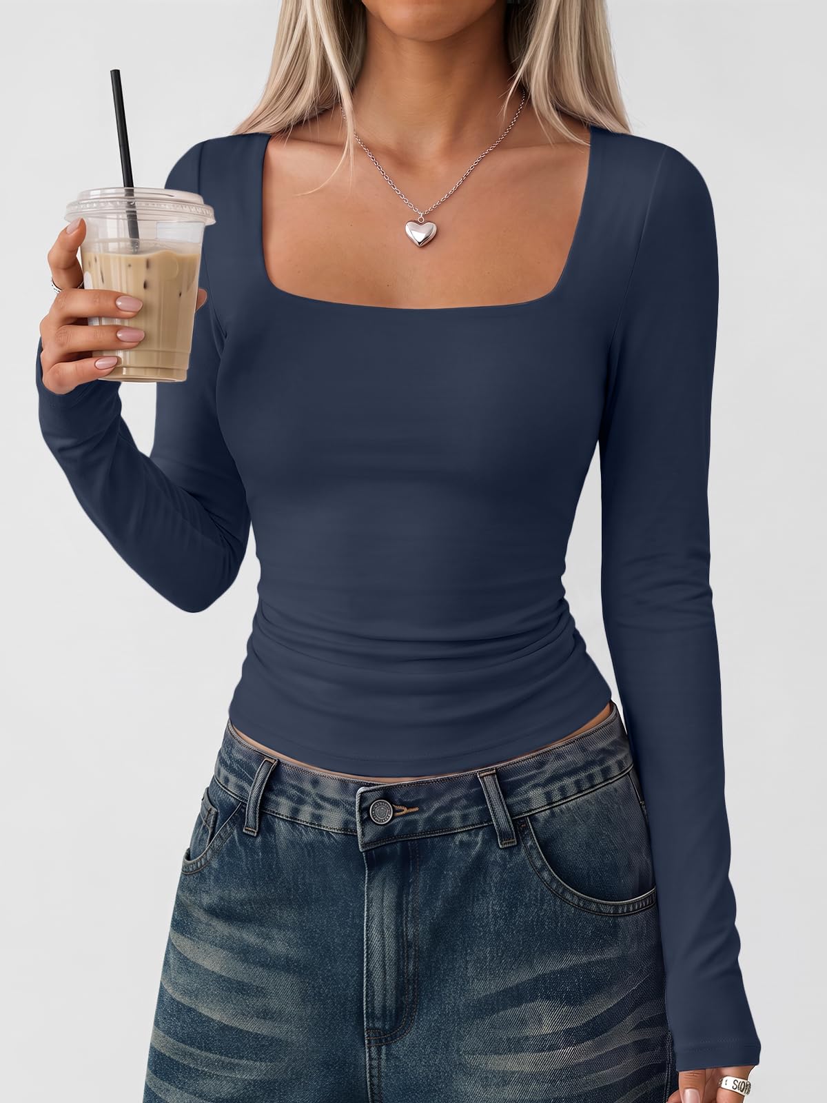 LILLUSORY Long Sleeve Tops Women UK Square Neck Double Lined T Shirts