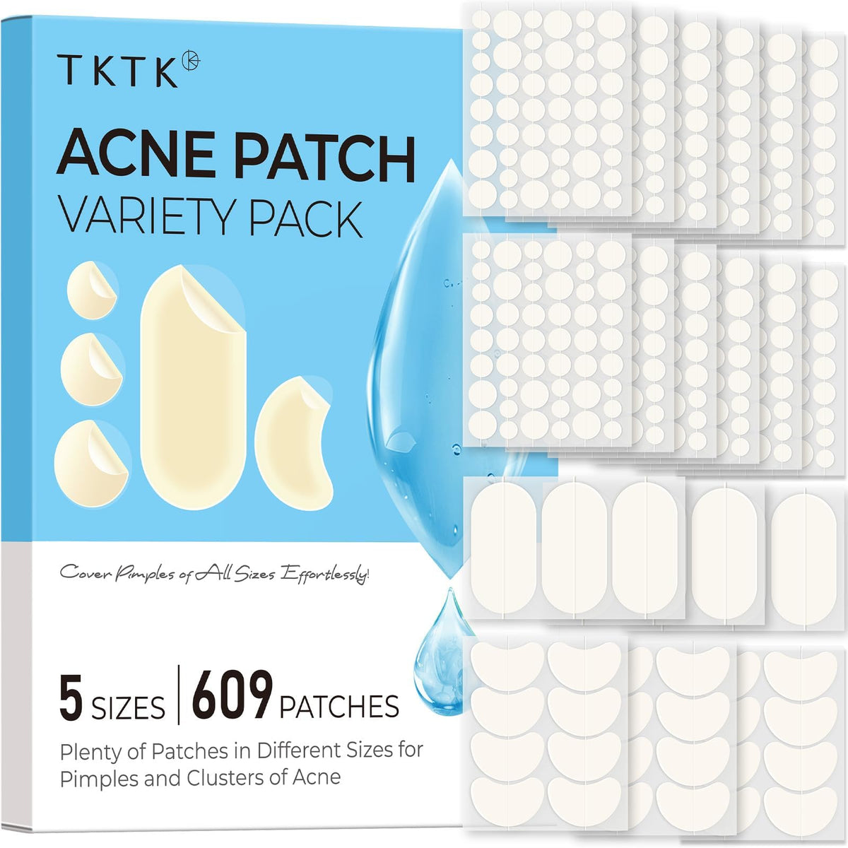 TKTK 443 Count Pimple Patches for Face, Hydrocolloid Spot Stickers, 5 Sizes