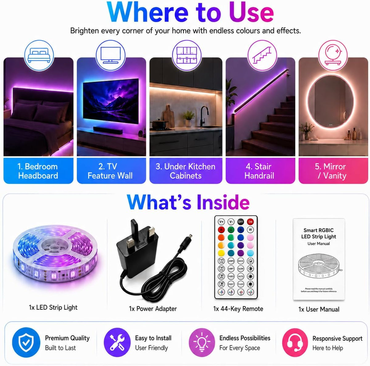 20M RGB LED Strip Lights for Bedroom, Music Sync Colour Changing LED Tape with Bluetooth App & Remote, 16M Colours, Dimmable, Timing Mode, Self-Adhesive for Home Party Kitchen Christmas Decor
