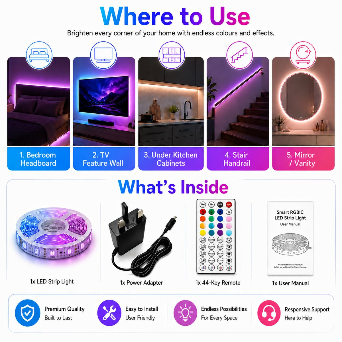 20M RGB LED Strip Lights for Bedroom, Music Sync Colour Changing LED Tape with Bluetooth App & Remote, 16M Colours, Dimmable, Timing Mode, Self-Adhesive for Home Party Kitchen Christmas Decor