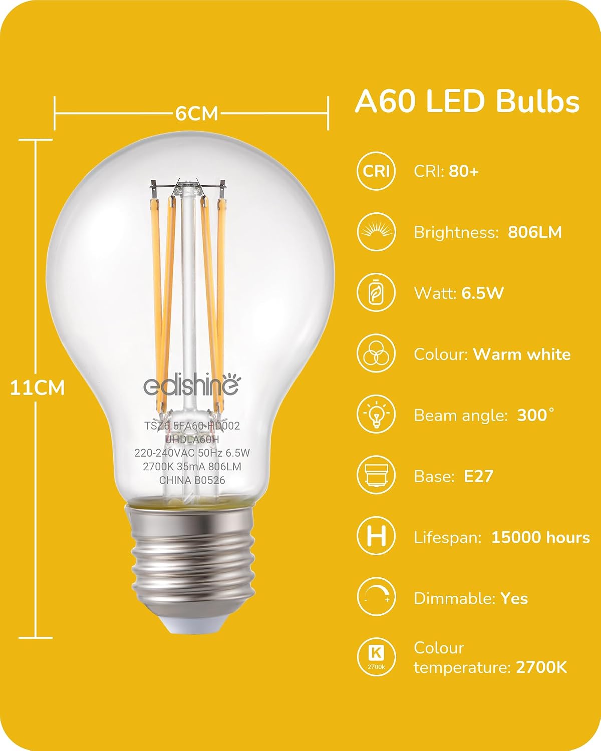 EDISHINE 6 Pack E27 Dimmable LED Edison Bulbs, 6.5W 2700K Warm White, 806LM