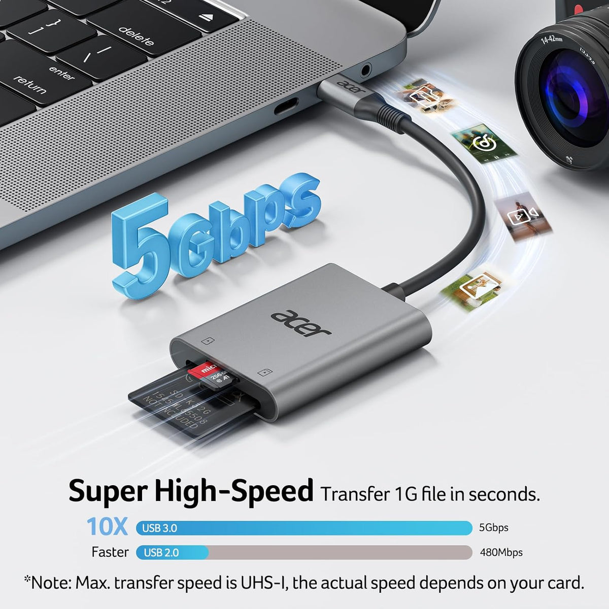 acer USB-C SD Card Reader 170MB/s, Type-C Micro SD Card Adapter Aluminium