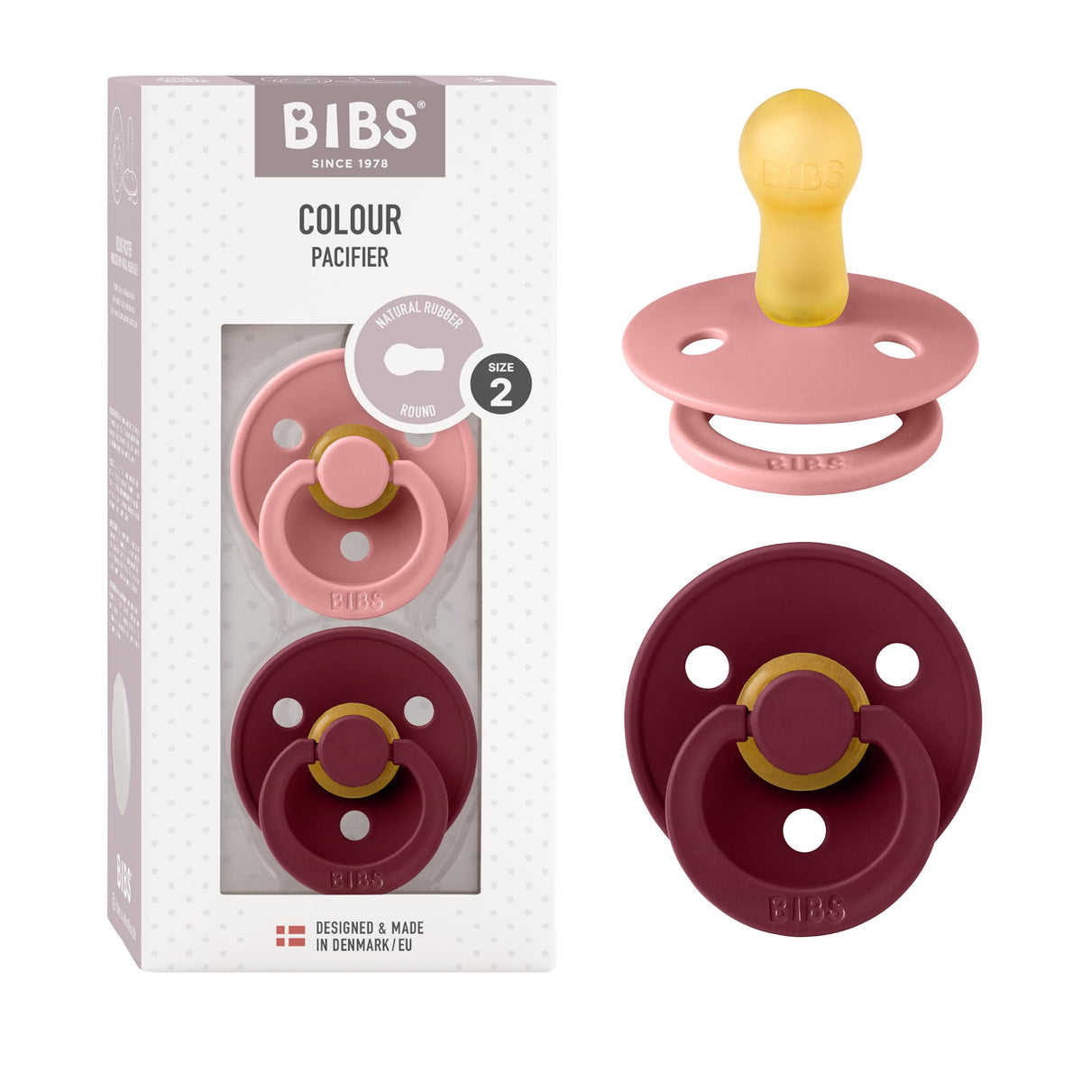 BIBS Colour Soother 2-Pack, BPA Free Dummy Pacifier, Round Nipple. Natural Rubber Latex, Made in Denmark, Size 2 (6-18 Months), Baby Blue