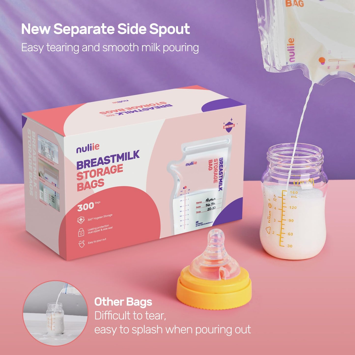 Nuliie 120 Pcs Breast Milk Storage Bags, 250ml BPA Free Milk Storage Bags with Pour Spout for Breastfeeding, Self-Standing or Flat Pre-sterilised Bag, Space Saving for Fridge or Freezer Use