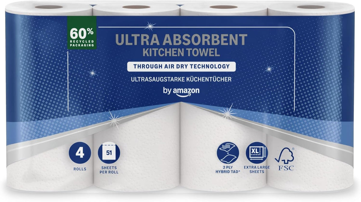 by Amazon Ultra Absorbent TAD Kitchen Roll, 4 Rolls (Pack of 1), 51 Sheets per Roll