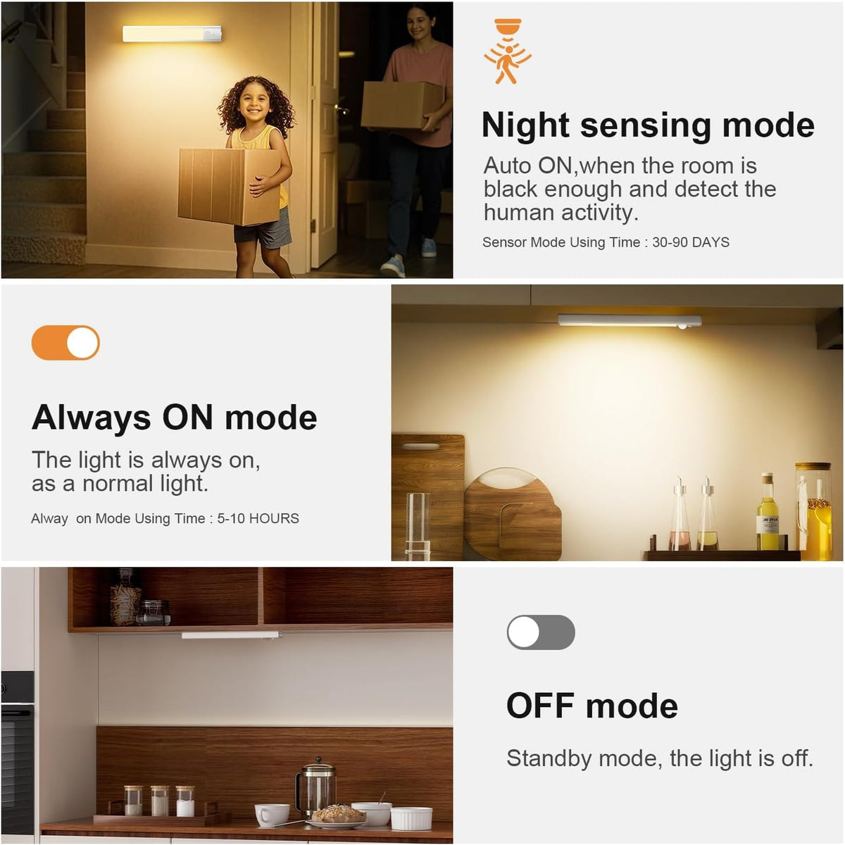 daphomeu 5 Pack Rechargeable Under Cupboard Kitchen Lights, 20CM Dimmable Warm Cabinet Light, LED Motion Sensor Lights Indoor, Magnetic Stick Light for Kitchen Shelf Stairs Wardrobe
