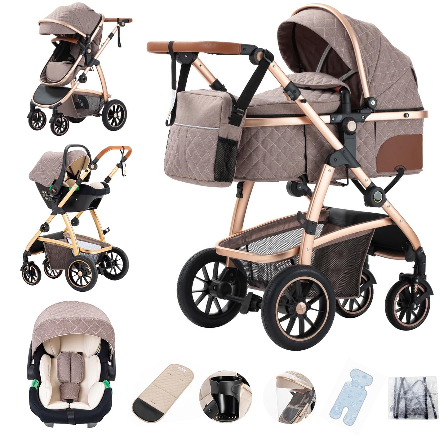 Gcarebb 3 in 1 Prams Travel System, Pushchair with Height Adjustable Handle, Travel Pram with Mosquito Net, Baby Stroller with Aluminum Frame for Newborn 0-4 Years