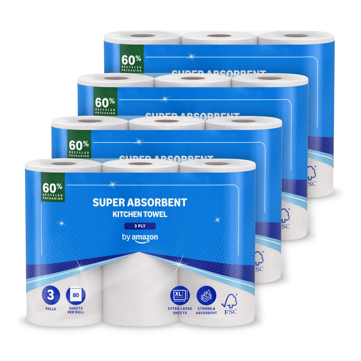 by Amazon Super Absorbent Kitchen Towel, 3-ply, 3 Rolls (1 Pack of 3), 80 Sheets per Roll