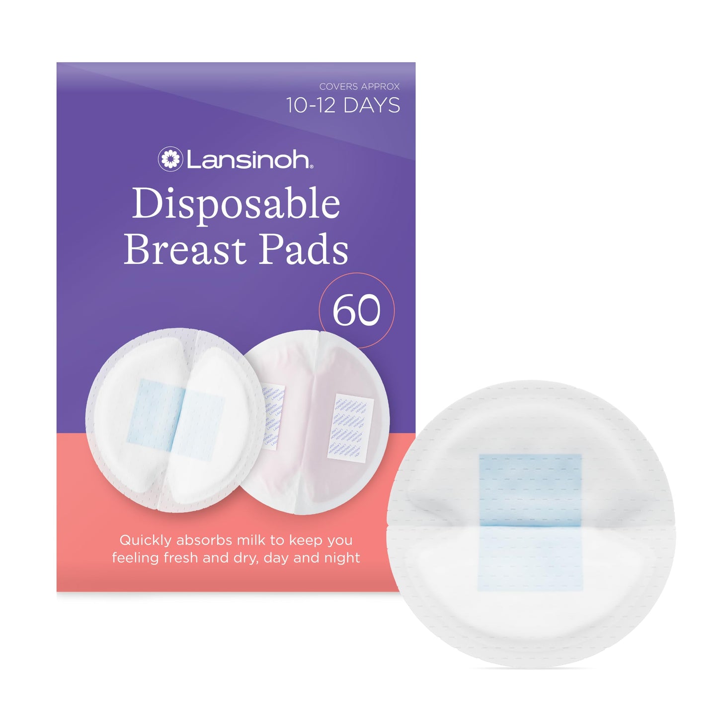 Lansinoh Disposable Breast Pads Maternity - 60 Pack - Ultra-Thin & Abosrbent Nursing Pads with BlueLock™ Core Leak-Proof Protection - Holds 20x Weight - Individually Wrapped -Breastfeeding Essentials