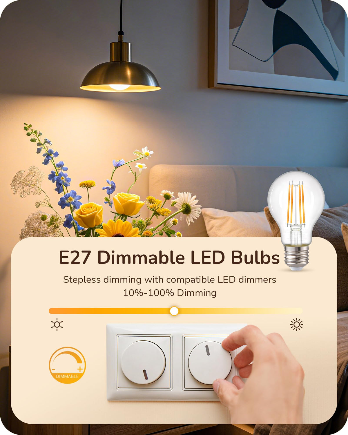 EDISHINE 6 Pack E27 Dimmable LED Edison Bulbs, 6.5W 2700K Warm White, 806LM