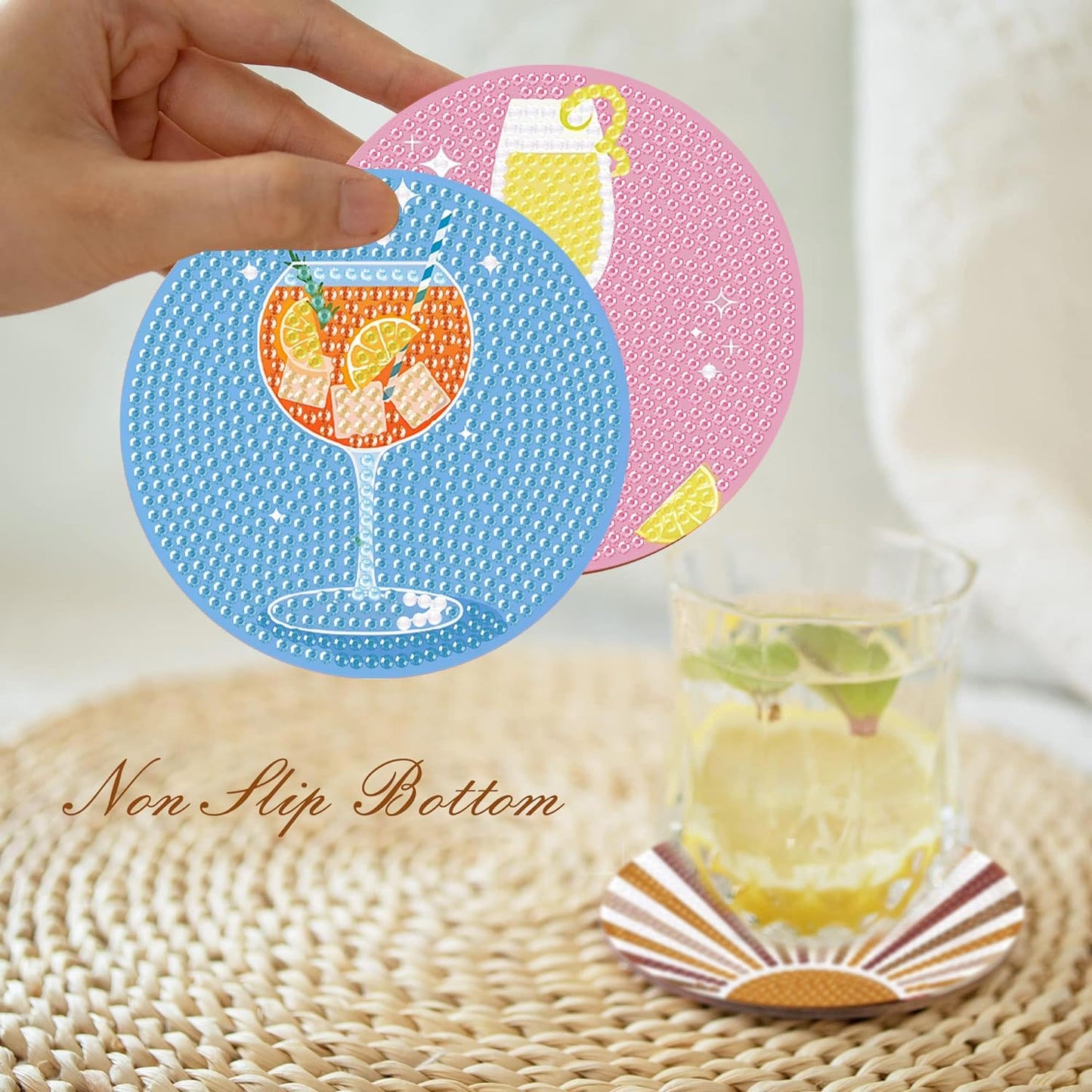 8Pcs Diamond Painting Coasters with Holder,DIY Cocktail Life Coaster Diamond Art Kits for Adults Kids,Beginners Round Full Drill Diamonds Art Craft Supplies