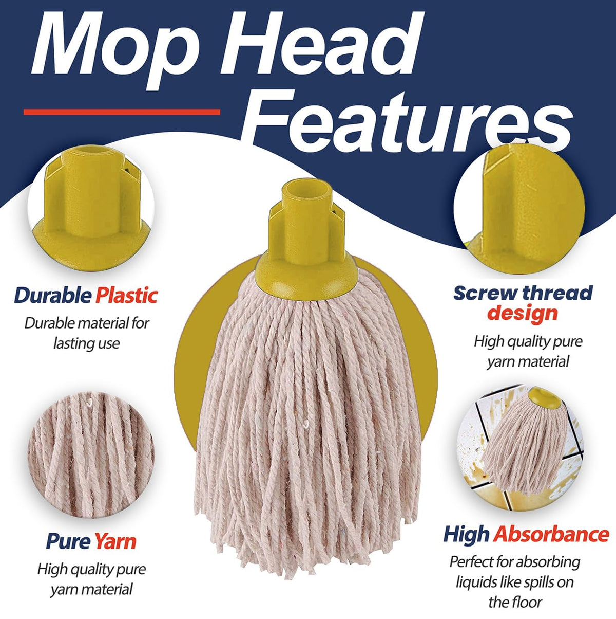 Abbey No.16 Socket Cotton Mop heads Replacement Pack of 5 – Super Absorbent String Mop Universal Screw On Socket - Floor Cleaning Heavy Duty mop head ( Blue )