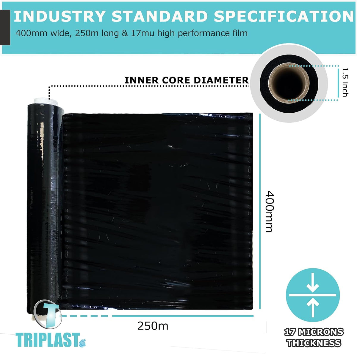 Triplast Pallet Stretch Shrink Wrap Roll (400mm x 250m) - Pick Qty & Colour - Heavy Duty Pallet Wrap, Industrial Stretch Wrap, Packaging Cling Film, Strong Plastic Wrap, Luggage Wrap (Black, 1 Roll)