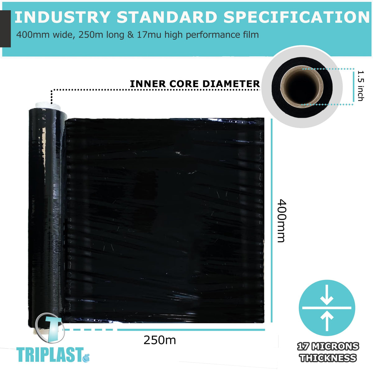 Triplast Pallet Stretch Shrink Wrap Roll (400mm x 250m) - Pick Qty & Colour - Heavy Duty Pallet Wrap, Industrial Stretch Wrap, Packaging Cling Film, Strong Plastic Wrap, Luggage Wrap (Black, 1 Roll)