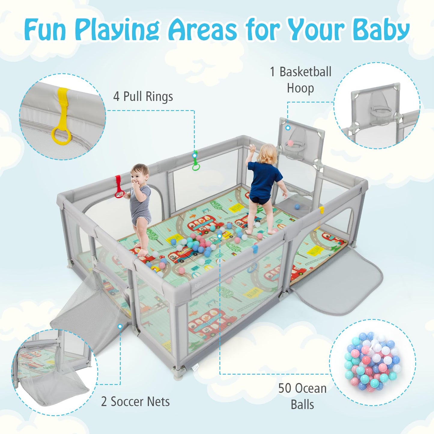 COSTWAY Baby Playpen, Toddler Mesh Play Pen with Mat, Pull Rings, Basketball Hoop, Football Nets, Ocean Balls, Indoor Outdoor Safety Playard for Babies and Toddlers (Light Gray, 207 x 142cm)