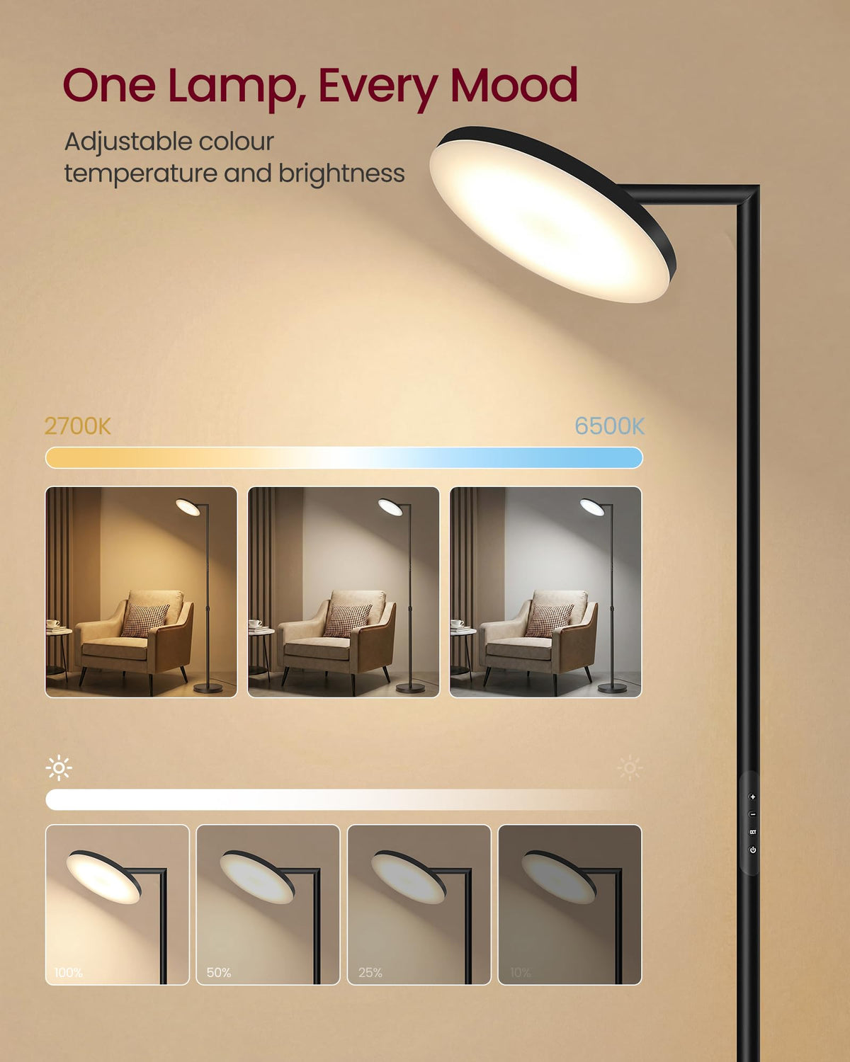 VASAGLE LUSIA LED Floor Lamp, Uplighter, Reading Light, 38.5x23.5x176cm