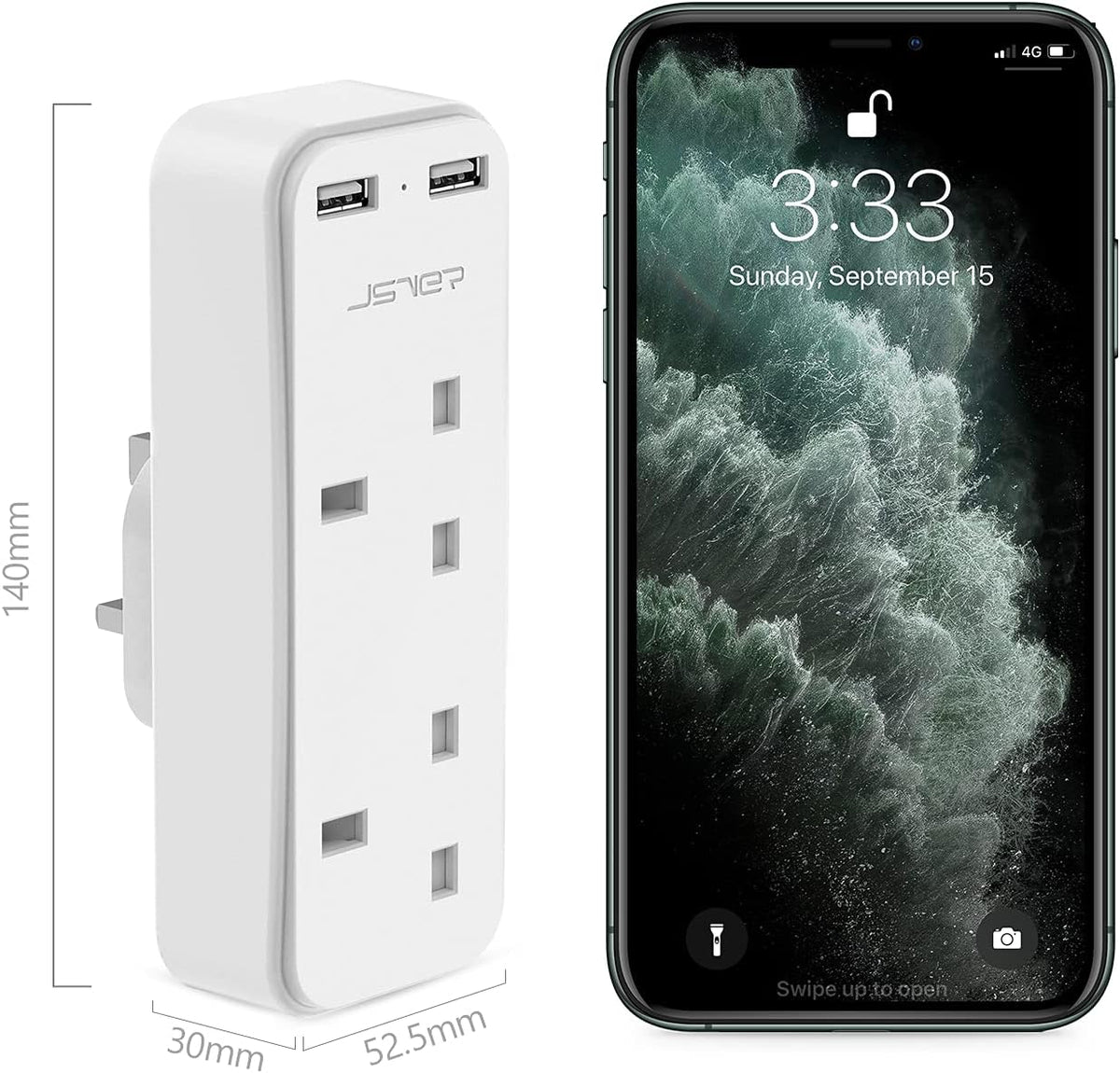 Double Plug Adaptor with 2 USB, JSVER Mini 2 Way Plugs Extension Sockets with USB Ports(5V/2.4A) Wall Charger Adapter, 13A UK 3 Pin Power Socket for Home, Office, Kitchen,White