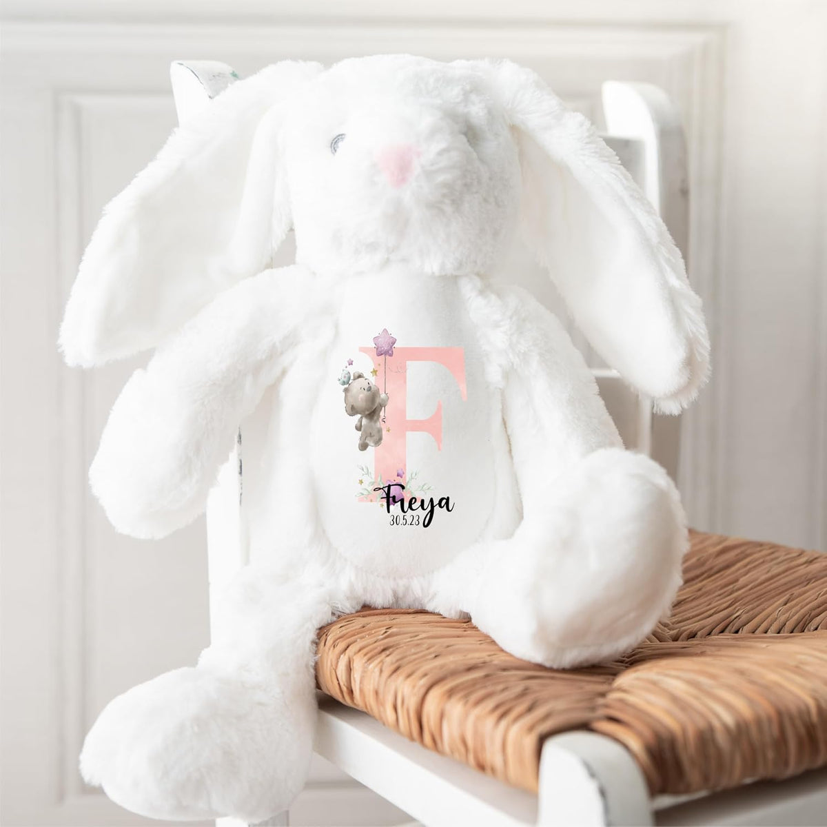 Crafted Memories - Personalised Teddy | Velveteen Bunny Soft Toy | Customisable Name for Newborns | Keepsake for Boys & Girls | Baby Shower Item | Pink Initial | Grey or White, 20-23cm