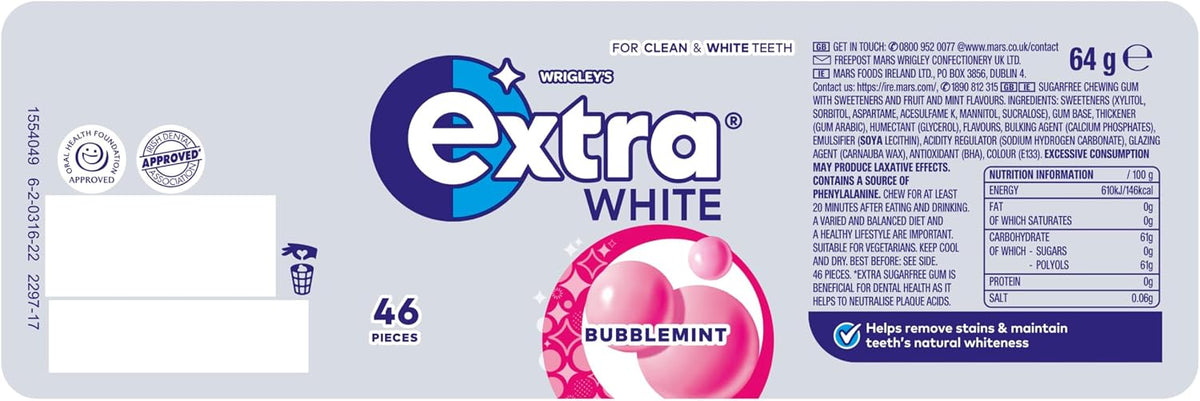 Wrigley's Extra White Bubblemint Sugar Free Chewing Gum Bottle 46 Pieces