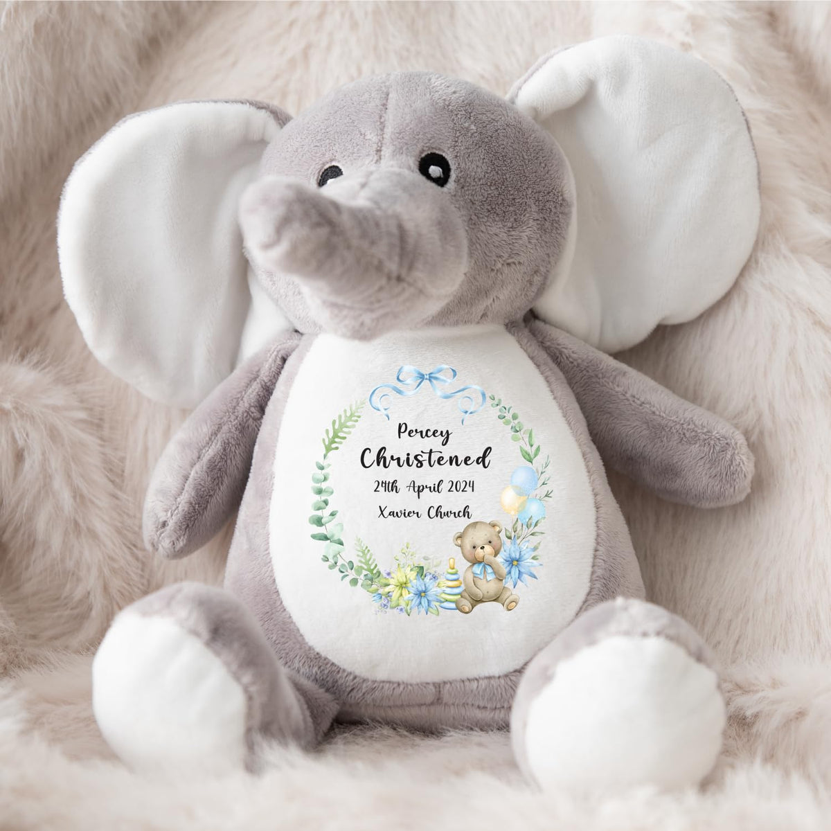 Crafted Memories - Personalised Bunny Rabbit | Custom Name & Date | Christening & Baptism Keepsake | Baby Girl & Boy | Soft Grey, White | Ideal 1st Birthday Present
