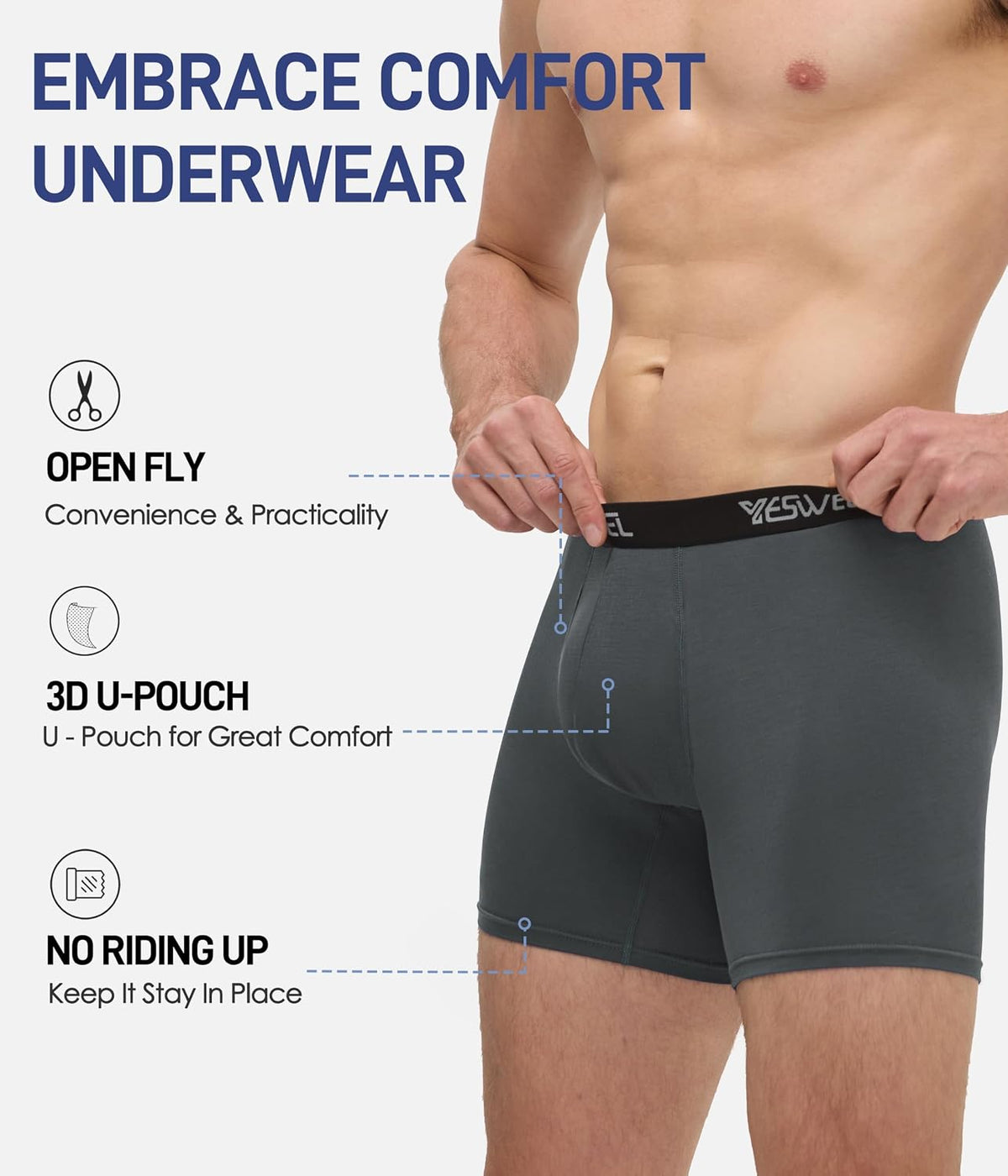 YESWEL Mens Bamboo Boxers, Longer Leg Boxer Shorts with Fly, Anti Chafing Underwear Trunks, No Itchy Labels Underpants (S-4XL)