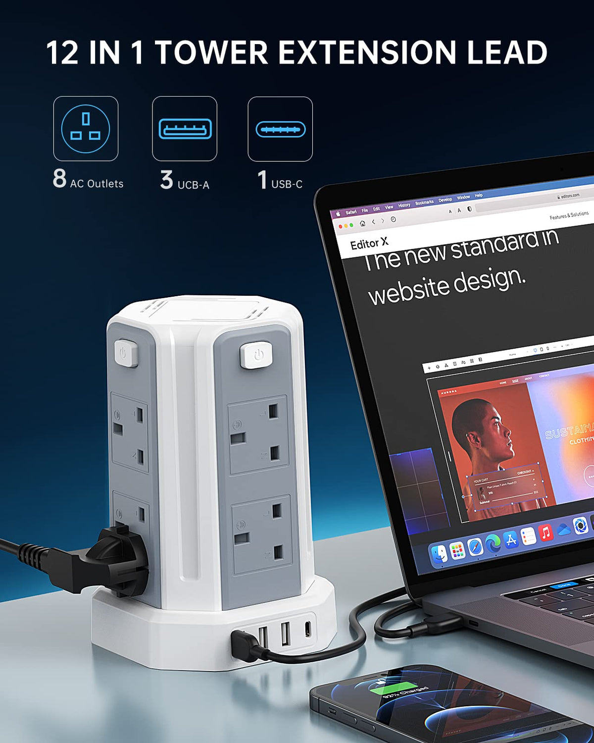 Tower Extension Lead 3M, 8 AC Outlets and 4 USB Ports Extension Tower