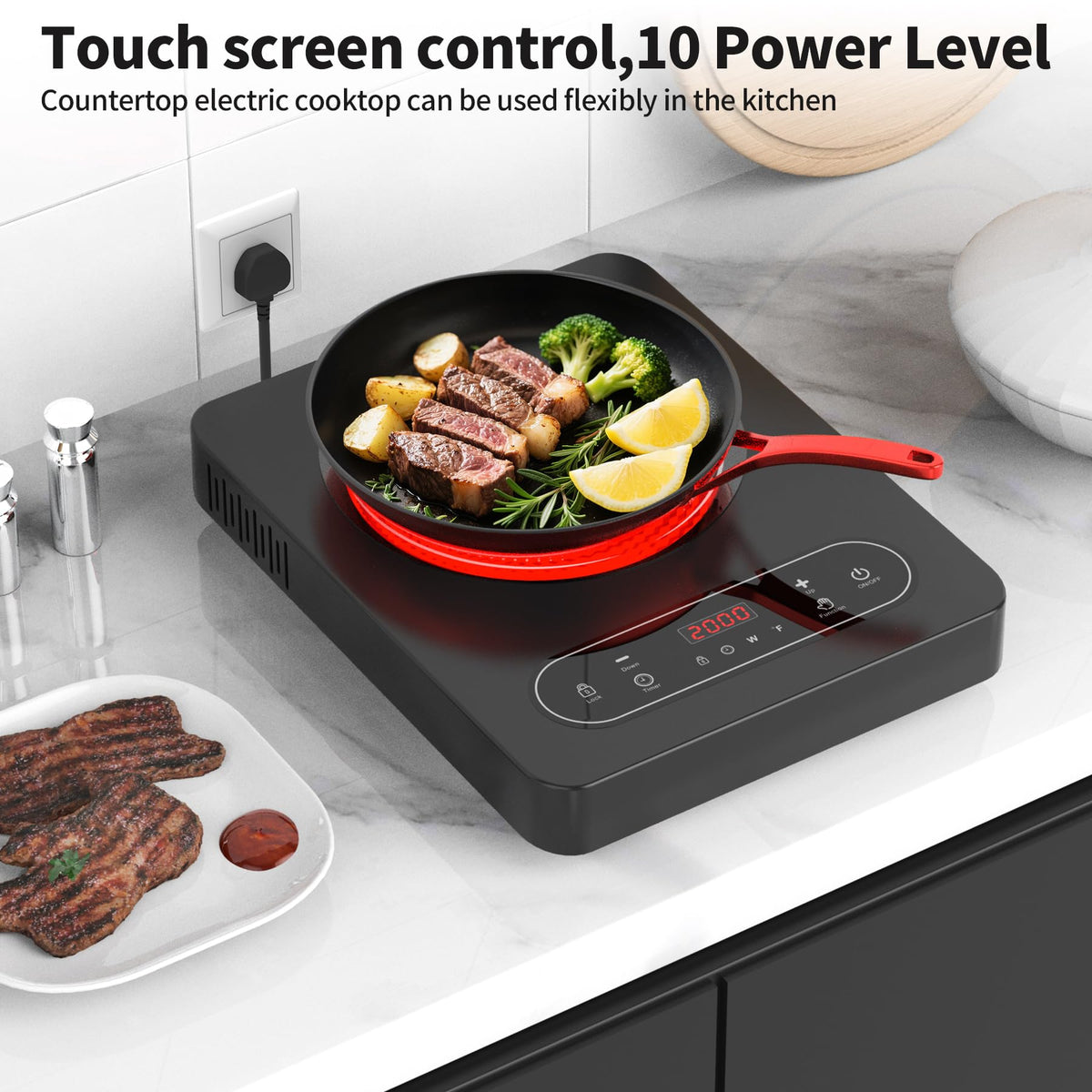 VBGK Double Induction Hob,220V 3600W 2 Ring Induction Hob with Knob Control,9 Power Levels, Kids Lock & Timer,LED Touch Control,Overheat Protection