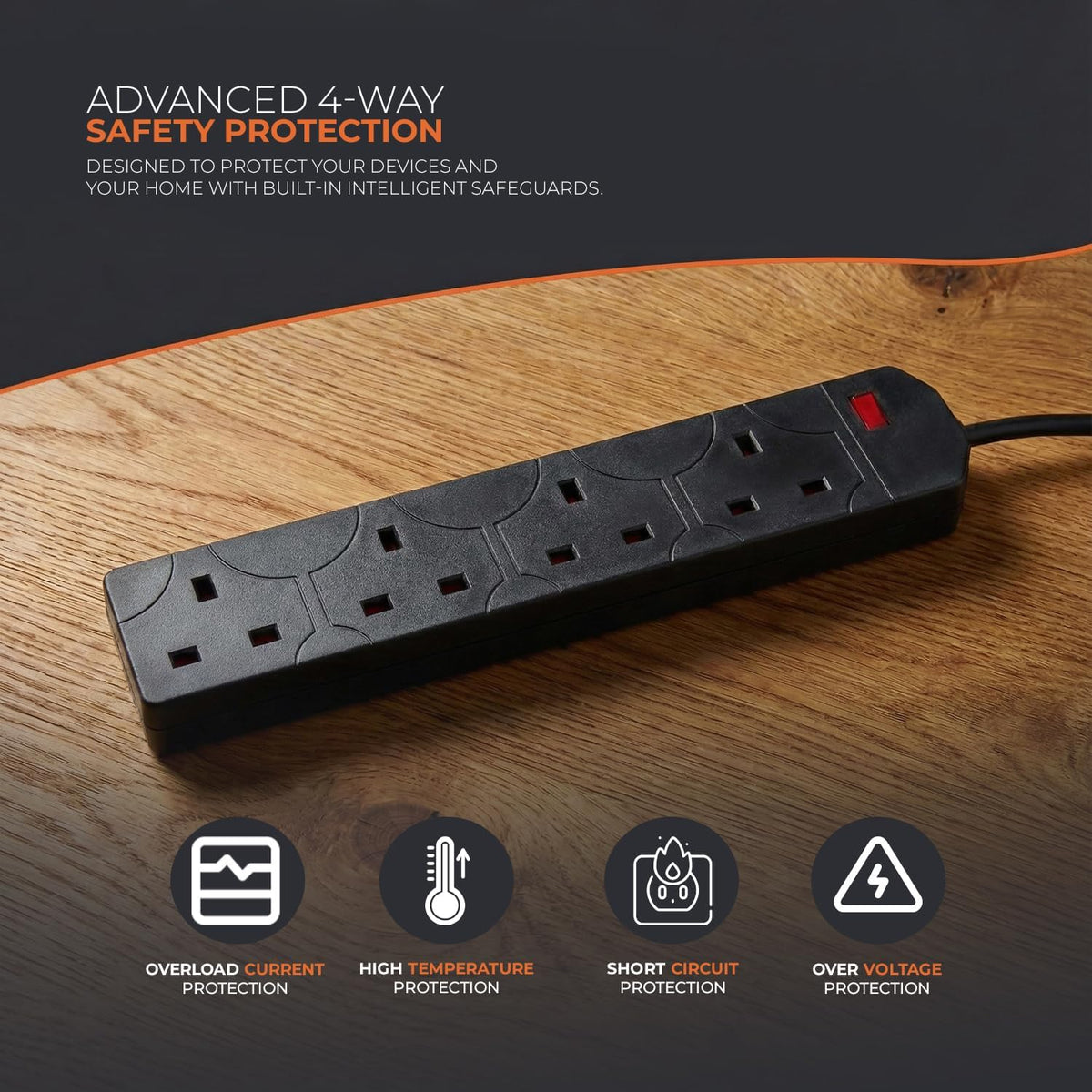 Wolf Power 4 Way Extension Lead, 2 Metre Extension Cable with UK 3 Pin Plug, Multi Socket Power Strip, Wall Mountable, Suitable for Home, Office & Appliances (Black, 1 Pack)