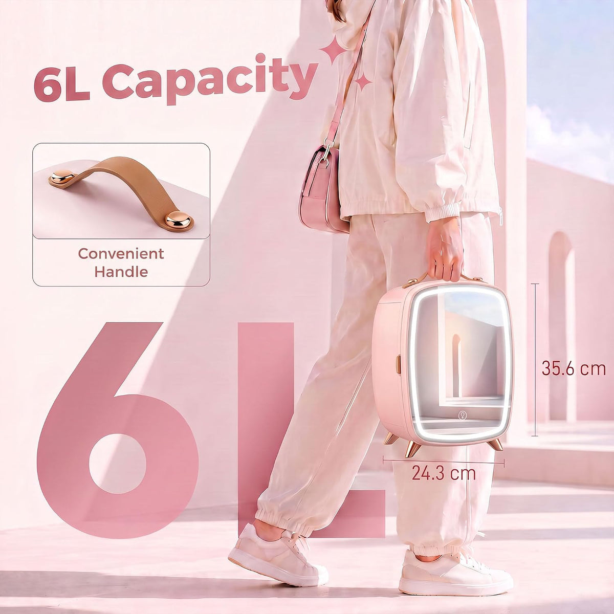 HOMCOM 6L Mini Fridge with LED Mirror, 26dB Quiet Operation, Pink