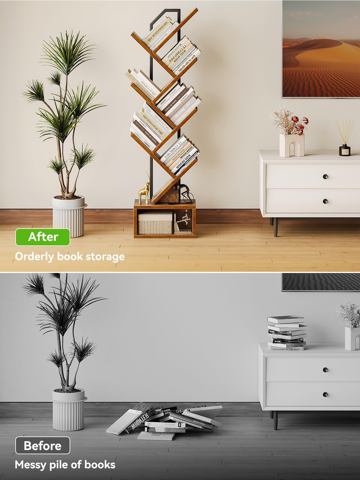 Coleshome Tree Bookshelf, 6-Tier Floor Standing Bookcase, Bookcases suitable for bedrooms and living rooms, Wooden bookshelves suitable for bedrooms and living rooms, White